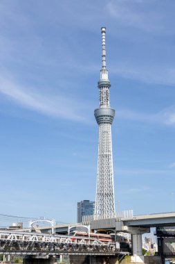 Tokyo, Japonya - 18 Mayıs 2024: Tokyo 'daki Sumida Nehri' nden Tokyo Skytree 'nin görüntüsü. 2010 yılında Japonya 'nın en yüksek kulesi oldu ve 634 metre yüksekliğe ulaştı.