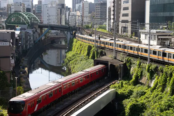 Stock image Tokyo, Japan- 18 May, 2024: Train junction near Ochanomizu Railway Station and River Kanda in Tokyo. Train junction near Ochanomizu Railway Station and River Kanda in Tokyo