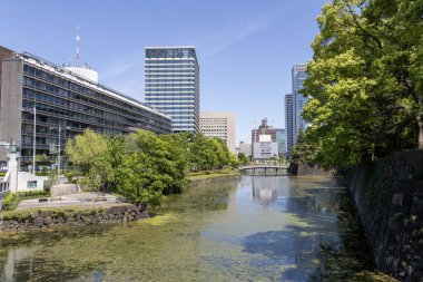 Tokyo, Japonya - 11 Mayıs 2024: Tokyo 'daki İmparatorluk Sarayı' nın doğu bahçelerini çevreleyen nehir. Tokyo İmparatorluk Sarayı, Japonya İmparatoru 'nun ana sarayıdır.