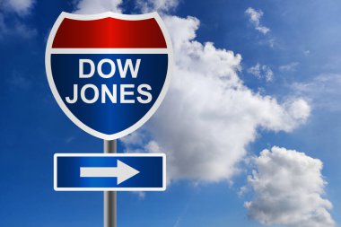 Dow Jones kelimesi kırmızı ve mavi işaretli, 3D çizimli.