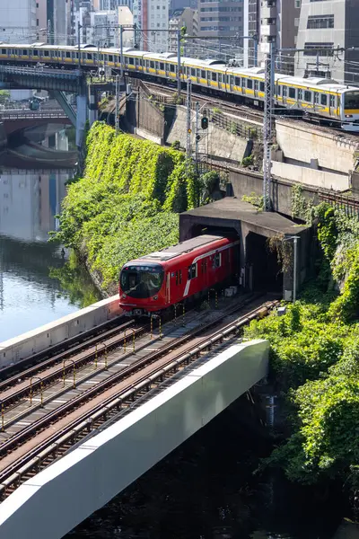 Tokyo, Japonya - 18 Mayıs 2024: Tokyo 'da Ochanomizu Tren İstasyonu ve Kanda Nehri yakınlarındaki tren kavşağı. Tokyo 'da Ochanomizu Tren İstasyonu ve Nehir Kanda kavşağı