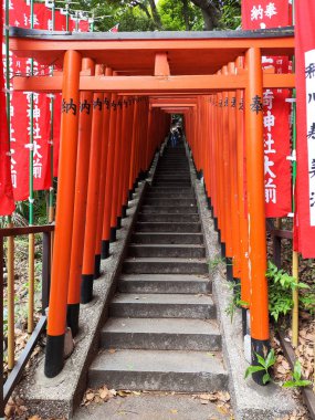 Tokyo, Japonya - 12 Mayıs 2024 Hie Shrine, Tokyo 'da etkileyici bir kırmızı torii kapısı tüneli. Tokyo 'daki Hie-jinja Tapınağı geleneksel Japon Shinto dininin tapınağıdır.