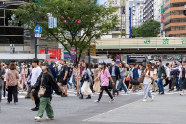 Tokyo, Japonya - 12 Mayıs 2024: İnsanlar Shibuya, Tokyo 'da işlek kavşağı geçiyor. Burası dünyanın en işlek kavşaklarından biri..