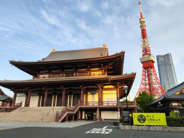 Tokyo, Japonya - 11 Mayıs 2024: Antik Zojoji tapınağı ve mavi gökyüzünde Tokyo kulesi.