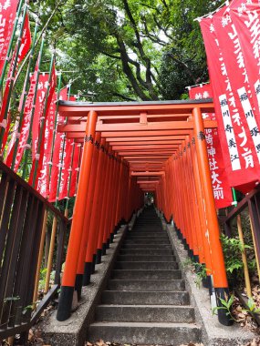 Tokyo, Japonya - 12 Mayıs 2024 Hie Shrine, Tokyo 'da etkileyici bir kırmızı torii kapısı tüneli. Tokyo 'daki Hie-jinja Tapınağı geleneksel Japon Shinto dininin tapınağıdır.