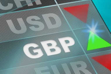 Ekran panosundaki GBP para birimi yeşil ok yukarı, 3d görüntüleme