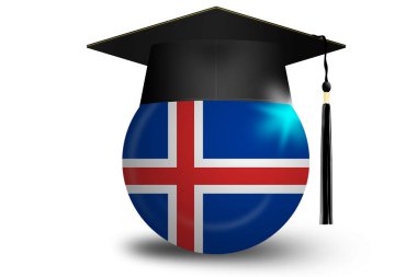 Mezuniyet şapkası ve İzlanda bayrağı ile eğitim konsepti, 3D görüntüleme