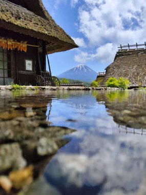 Kawaguchiko, Japonya- 16 Mayıs 2024: Saiko Iyashi no Sato Nenba veya Kawaguchiko, Japonya 'daki Geleneksel Japon Köyü. Burası Fuji Dağı 'na yakın eski çiftlik evlerini birleştirmek için güzel bir yer.