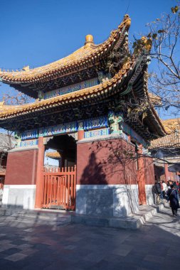 Pekin, Çin - 5 Kasım 2024: Pekin 'deki Yonghegong Lama Tapınağının Güzel Manzarası. Lama Tapınağı dünyanın en büyük ve en önemli Tibet Budist manastırlarından biridir..