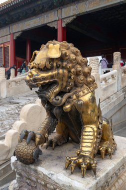 Pekin, Çin - 2 Kasım 2024: Yasak Şehir, Pekin 'deki Kutsal Saflığın Kapısı önündeki altın aslan heykeli.