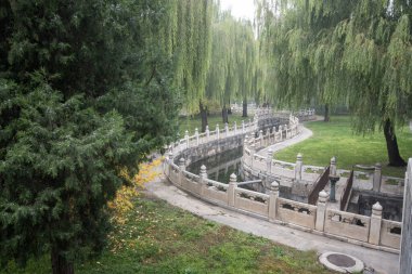 Yasak şehir Pekin 'deki Kırık Gökkuşağı Köprüsü' ne uzanan huzurlu bahçe ve kanal.