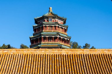 Pekin, Çin - 4 Kasım 2024: Foxiang Ge (Budist Tütsü Kulesi) Pekin 'deki Yaz Sarayı Wanshou Shan (Uzun Yaşam Tepesi).