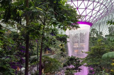 Singapur - 31 Ekim 2024: Aydınlanmış adam Singapur 'daki Jewel Changi' de şelale yaptı. Jewel Changi, Changi Havaalanı Terminali 'ne doğrudan bağlı bir alışveriş merkezidir.