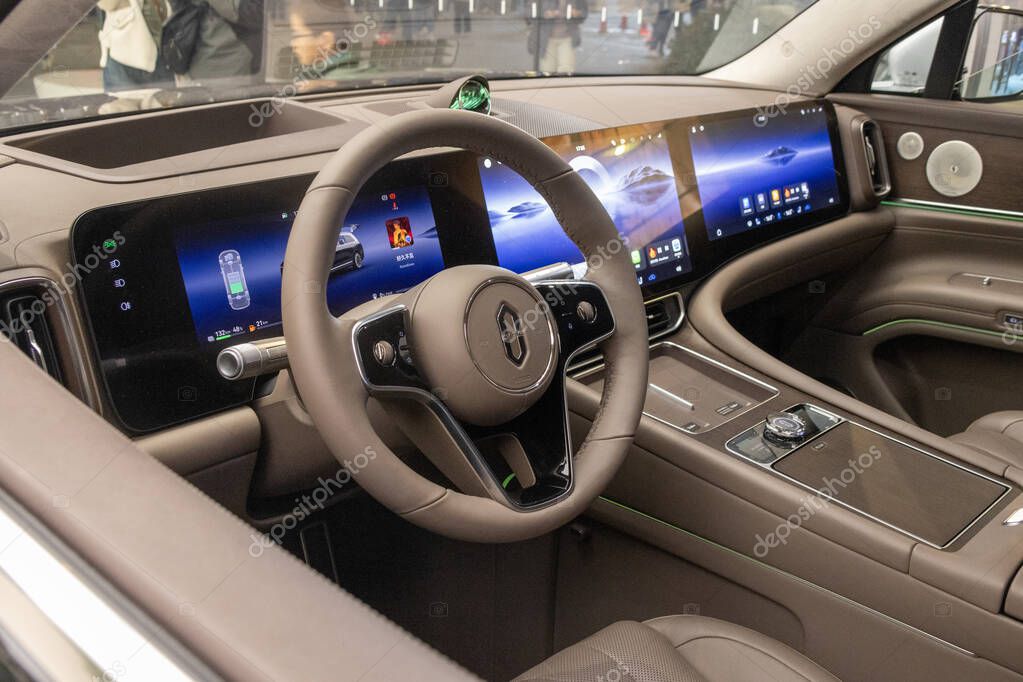 Beijing, China- 2 Nov 2024: Interior view of a full-size luxury electric sedan produced by Huawei, displayed at Huawei's flagship store in Beijing.