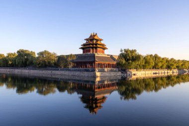 Beautiful water reflection of Forbidden City Corner Tower or Jiaolou in Beijing, China. Corner Towers stand in the 4 corners of the Forbidden City, each with 3-layer of complex roof. clipart