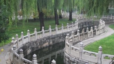 Pekin, Çin - 2 Kasım 2024: Yasak şehir Pekin 'deki Kırık Gökkuşağı Köprüsü' ne uzanan huzurlu bahçe ve kanal.