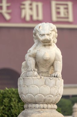 Beijing, China- 2 Nov 2024: Chinese stone lions in front of the Tiananmen, Beijing. clipart