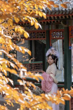 Pekin, Çin - 4 Kasım 2024: Geleneksel Çin giysileri ile Çin 'deki Yaz Sarayı' nı ziyaret eden turist.