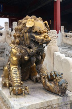 Pekin, Çin - 2 Kasım 2024: Yasak Şehir, Pekin 'deki Kutsal Saflığın Kapısı önündeki altın aslan heykeli.
