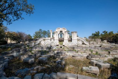 Beijing, China- 3 Nov 2024: Dashuifa site of the ruined Western mansions inside Yuanmingyuan Park, Beijing. The columns and arches that remain standing today were part of a large fountain clipart