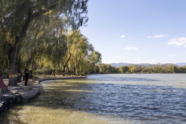 Pekin, Çin - 3 Kasım 2019: Çin, Pekin 'deki Yuanmingyuan parkında Fuhai Gölü manzarası. Doğu Gölü olarak da bilinen Fuhai, tüm parktaki en büyük göldür.