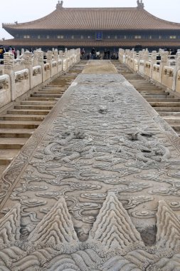 Beijing, China- 2 Nov 2024: Staircase with dragon decoration leading to Imperial Palace Taihe Dian or the hall of Supreme Harmony. It is one of the largest palaces in the Forbidden City. clipart