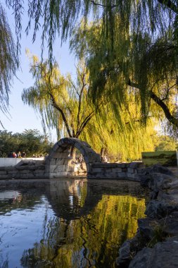Pekin, Çin - 3 Kasım 2024: Çin, Pekin 'deki Yuanmingyuan Parkı içindeki harabe taş köprü. Yuanmingyuan 'da kalan tek taş köprü, derede daralan küçük bir kemer..
