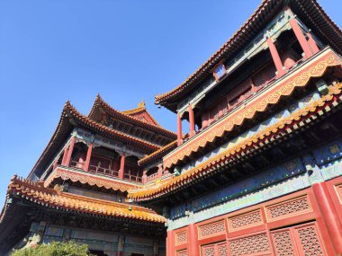 Pekin, Çin - 5 Kasım 2024: Pekin 'deki Yonghegong Lama Tapınağının Güzel Manzarası. Lama Tapınağı dünyanın en büyük ve en önemli Tibet Budist manastırlarından biridir..