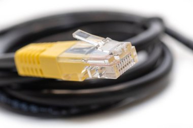 Beyaz RJ45 ethernet kablo ve soketin yakın çekim makro çekimi. Ağ bileşeni