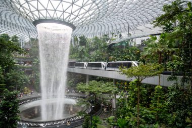 Singapur - 8 Nisan 2025: Dünyanın en uzun kapalı şelalesi, Yağmur Girdabı, Changi Jewel, Singapur 'da bir teras ormanı ile çevrili..