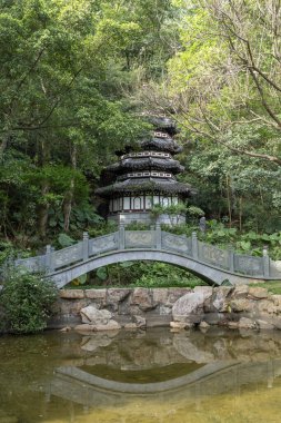 Shenzhen, Çin - 14 Nisan 2025 Shenzhen Uluslararası Bahçe ve Çiçek Fuarı Parkı, Shenzhen, Çin. Parkta zengin çiçek manzaralı geleneksel Çin mimari tarzları yer alıyor.