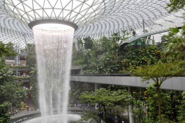 Singapur - 8 Nisan 2025: Dünyanın en uzun kapalı şelalesi, Yağmur Girdabı, Changi Jewel, Singapur 'da bir teras ormanı ile çevrili..