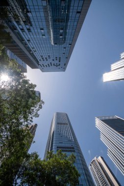 Shenzhen, Çin - 15 Nisan 2025: Shenzhen, Çin 'de mavi gökyüzü olan yüksek katlı ofis binası. Şehir 1979 yılında özel bir ekonomik bölge haline geldi ve hızla yabancı yatırım ve teknoloji ile büyüdü.