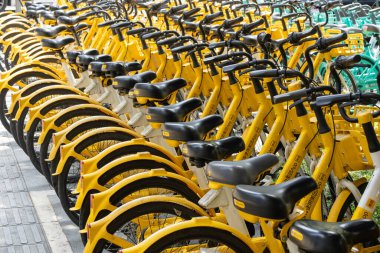 Shenzhen, Çin - 10 Nisan 2025: Shenzhen, Çin 'de yol kenarında ortak bisiklet parkı. Bisiklet Çin 'de şehri dolaşmak için yaygın bir yoldur..