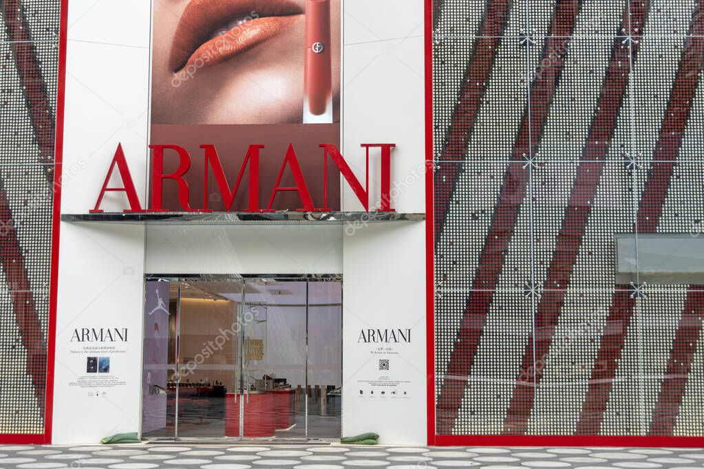 Shenzhen, China- 12 April 2025: Store sign company brand logo of Armani.   It is an Italian luxury fashion house founded in Milan by Giorgio Armani