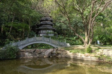 Shenzhen, Çin - 14 Nisan 2025 Shenzhen Uluslararası Bahçe ve Çiçek Fuarı Parkı, Shenzhen, Çin. Parkta zengin çiçek manzaralı geleneksel Çin mimari tarzları yer alıyor.