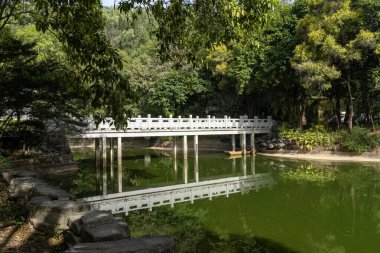 Shenzhen, Çin - 14 Nisan 2025 Shenzhen Uluslararası Bahçe ve Çiçek Fuarı Parkı, Shenzhen, Çin. Parkta zengin çiçek manzaralı geleneksel Çin mimari tarzları yer alıyor.