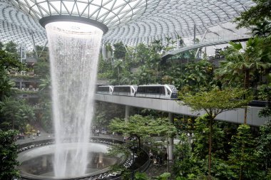 Singapur - 8 Nisan 2025: Dünyanın en uzun kapalı şelalesi, Yağmur Girdabı, Changi Jewel, Singapur 'da bir teras ormanı ile çevrili..