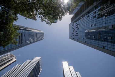 Shenzhen, Çin - 15 Nisan 2025: Shenzhen, Çin 'de mavi gökyüzü olan yüksek katlı ofis binası. Şehir 1979 yılında özel bir ekonomik bölge haline geldi ve hızla yabancı yatırım ve teknoloji ile büyüdü.