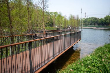 Shenzhen, Çin - 9 Nisan 2025: Shenzhen, Çin 'deki Hollanda Çiçek Kasabası' nda göl boyunca yürüyüş. Eğlence, popüler bilim, sergiler ve ticaretin birleştiği eşsiz bir park..