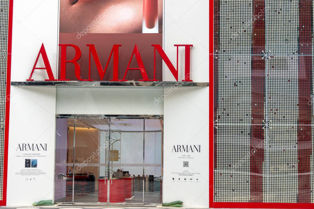Shenzhen, China- 12 April 2025: Store sign company brand logo of Armani.   It is an Italian luxury fashion house founded in Milan by Giorgio Armani