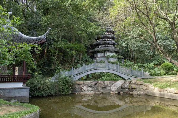 Shenzhen, Çin - 14 Nisan 2025 Shenzhen Uluslararası Bahçe ve Çiçek Fuarı Parkı, Shenzhen, Çin. Parkta zengin çiçek manzaralı geleneksel Çin mimari tarzları yer alıyor.