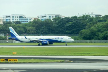 Singapur - 8 Nisan 2025: ANA Havayolu 'ndan Singapur Changi Havaalanı' na giden uçak. Oturma kapasitesi 41,5 milyon olan Changi Havalimanı dünyanın en yoğun havaalanlarından biridir..