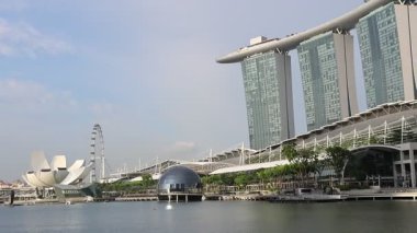 Singapur-4 Haziran 2025 Marina Bay Sands binasının mavi gökyüzü manzarası. Singapur siluetinin üzerinde yükselen Marina Körfezi Sands, canlı şehir bölgesinin kalbinde bir dönüm noktasıdır.