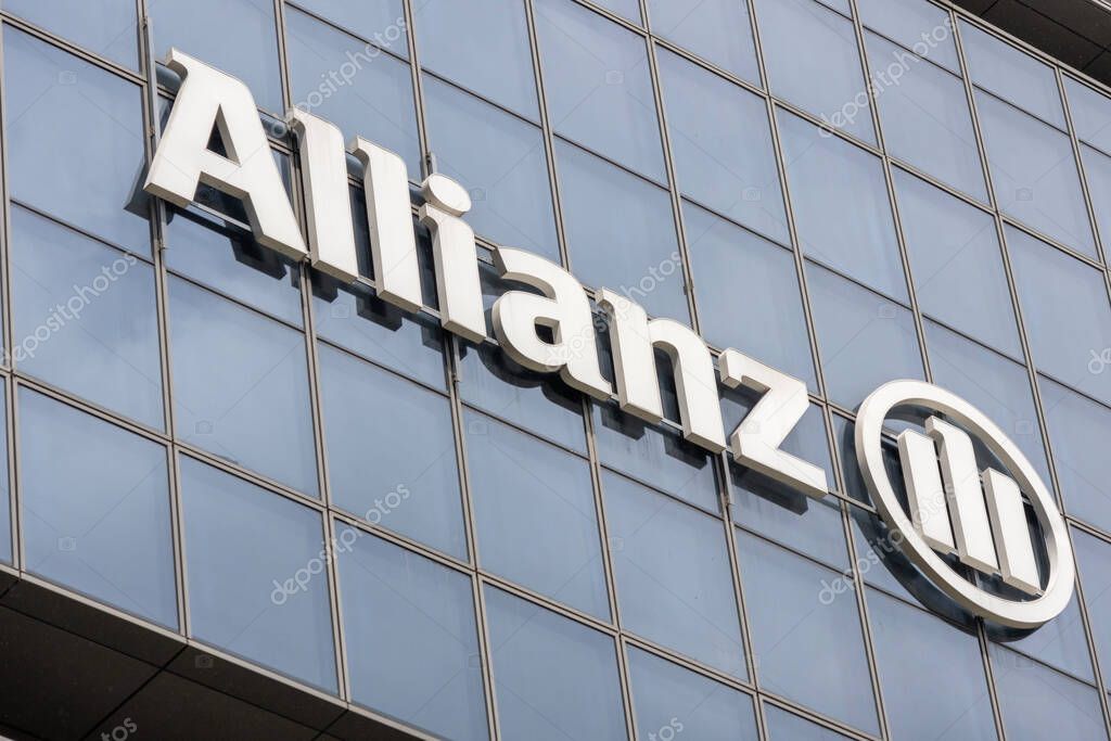 Singapore- 31 May 2025: Sign of Allianz on the facade of building in Singapore. Allianz SE is a German multinational financial services company