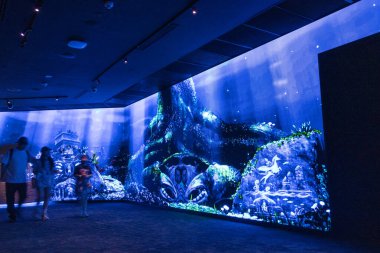 Singapur - 8 Ağustos 2025 Singapur Ulusal Müzesi 'nde Singapur Odyssea. Ziyaretçilerin tarihe geçmesine ve bu dijital serginin geçmişiyle etkileşime geçmesine izin verdi..