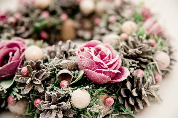 Festive Background Advent Wreath Christmas Mood Handmade Decoration Flowers Frost — Stock Photo, Image