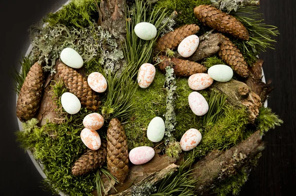 Easter theme. Religious holiday. Easter egg composition with natural forest attributes. Moss, pine cone, pine branch.