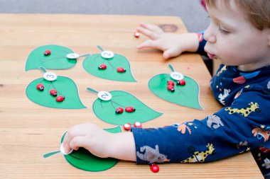 Uğur böceğinin miktarını belirlenmiş ağaç yaprağına yaz. Bebek sayma oyunu oynuyor. Anaokulları için anaokulu eğitimi yardımı. Çocuklar zeka ve gelişim için montessori setini erken öğreniyor