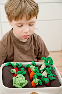 Çocuk bir bahçıvan oyunu oynuyor. Tarlaları hasat et. Çocuklar için sağlıklı yiyecekler. Bahçıvanlık ve tarım kavramı. Evdeki etkinlikler. Doğanın bilgisi. El yapımı oyuncaklar, sebzeler..